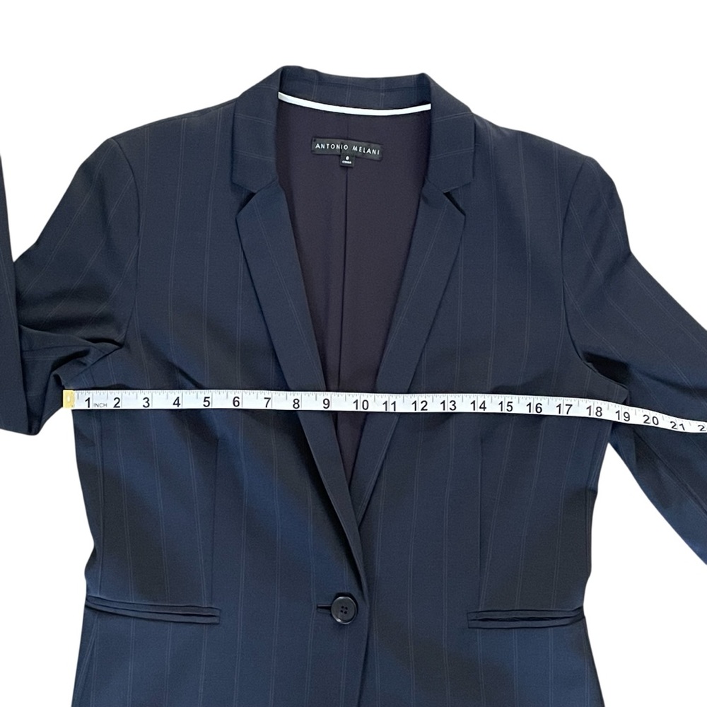 ANTONIO MELANI Navy Blue pin stripe long Blazer single breasted wool Sz: 8 NWOT - Picture 9 of 10